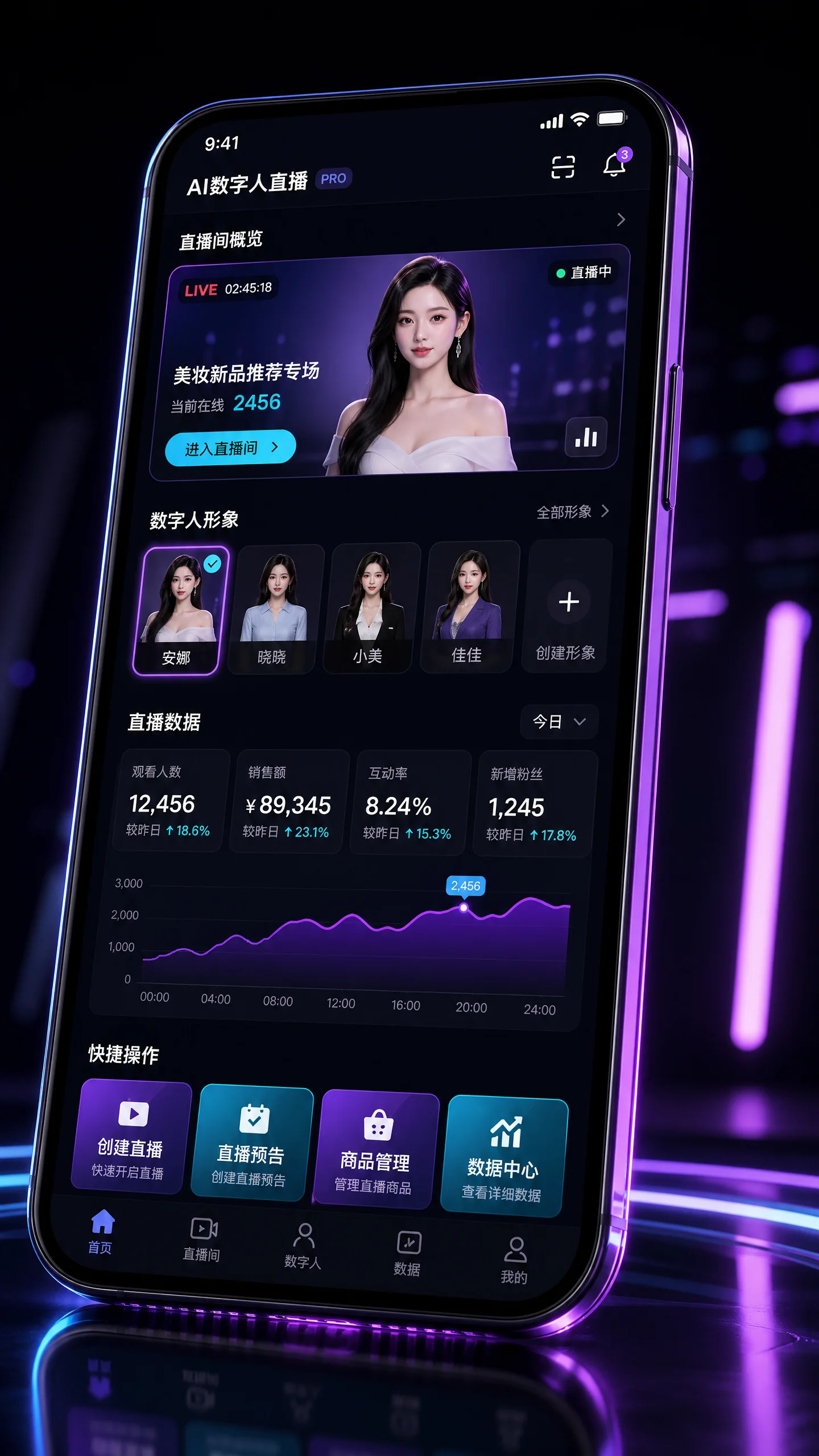 每日大赛移动端应用界面展示直‍播间管理与数据看板