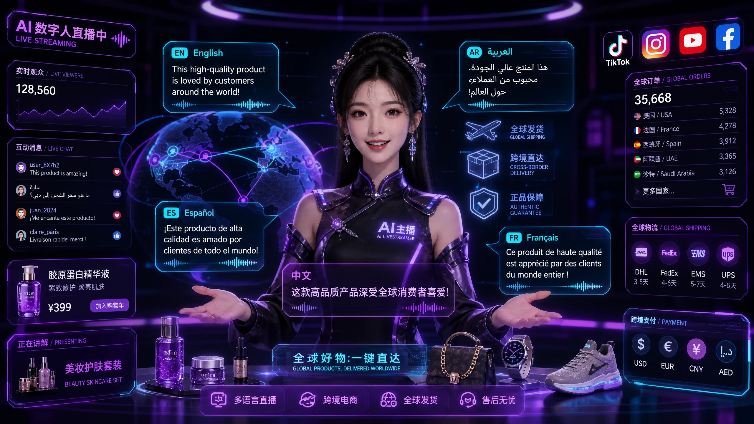 AI数字人多语种跨境电商直播展示英语‍阿拉伯语西班牙‌语同步带货