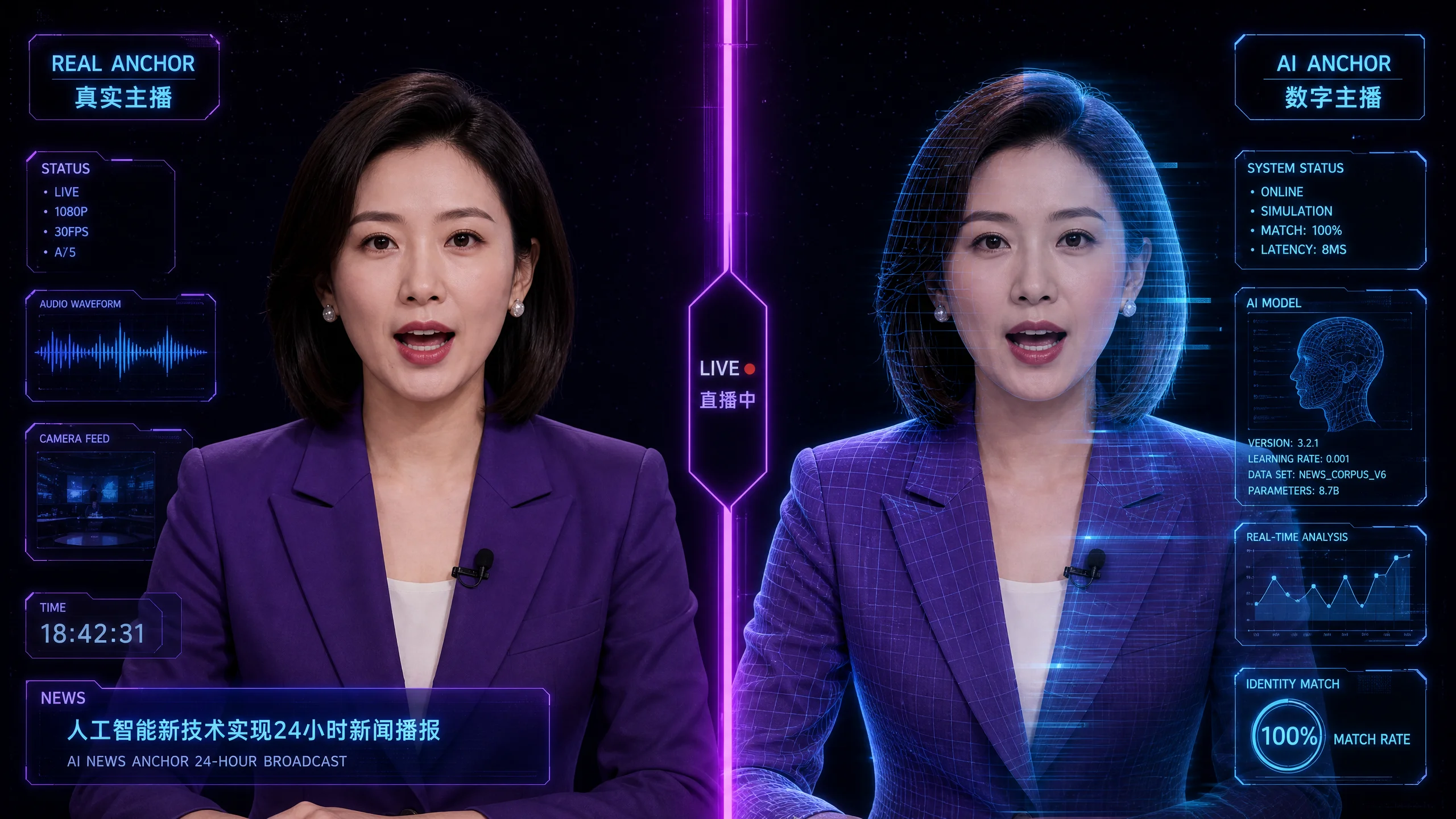 真人主‍播与AI数字人克隆同步​对比展示